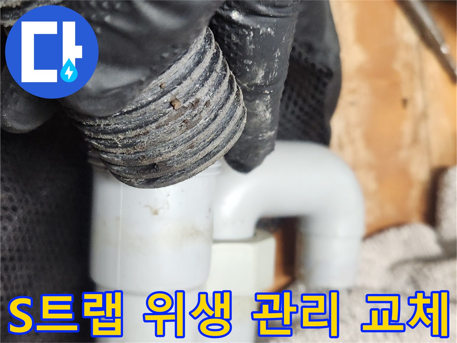 작업자가 검은 장갑을 끼고-오염된 S트랩 배관을 분리하여-위생 관리를 위한 클리닝 또는 교체 작업을 진행하고 있습니다
