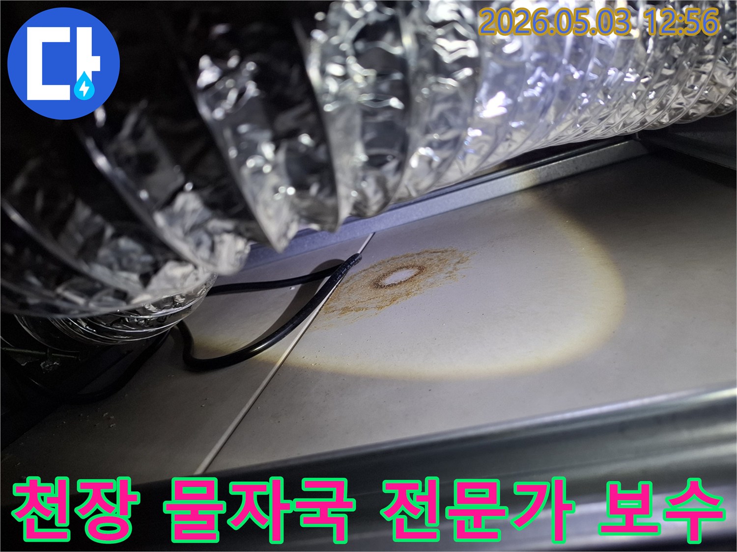 천장 마감재에 생긴 물자국을-조명으로 비춰 전문가 보수를 위해 진단하는 중입니다.