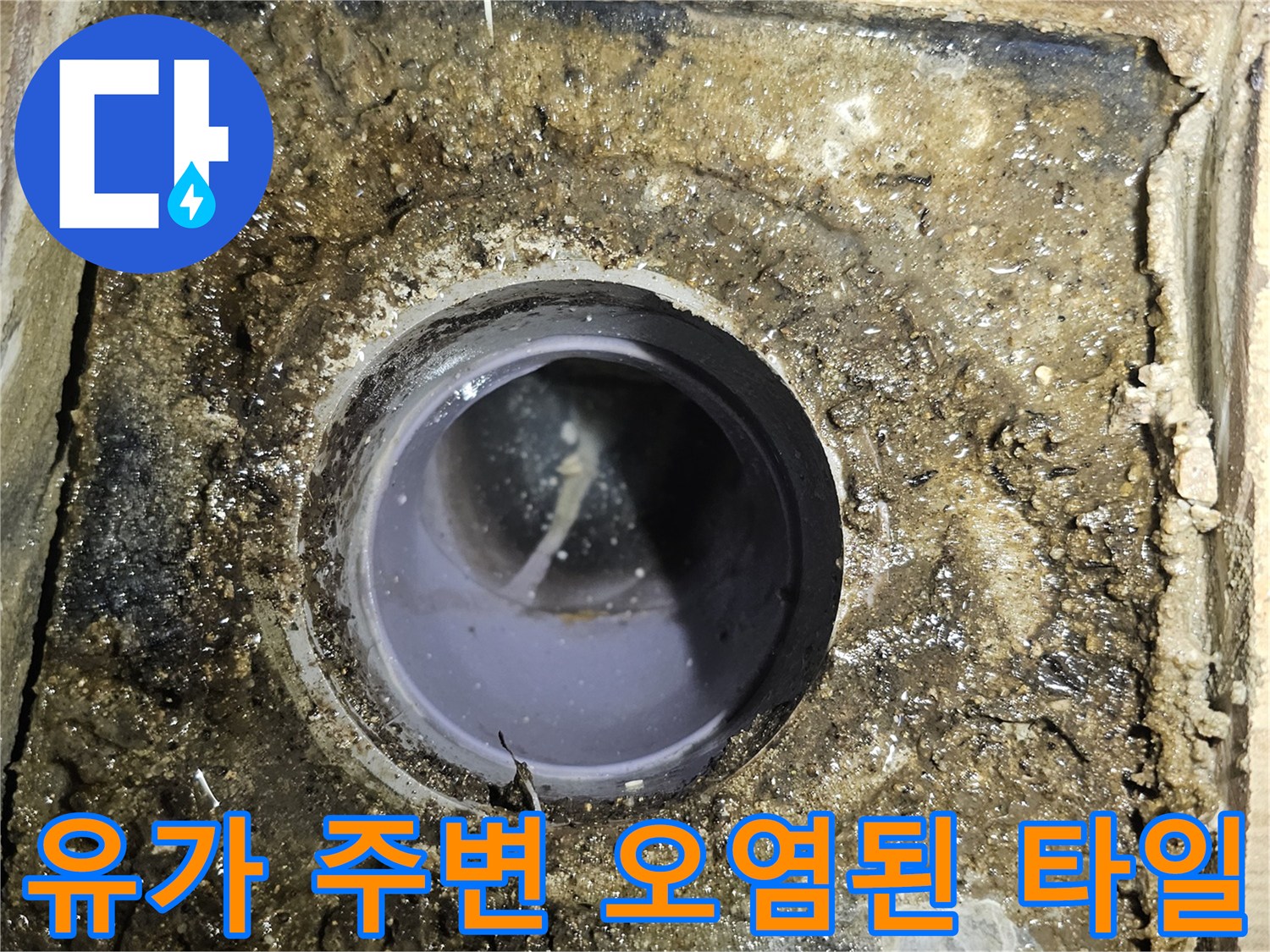 배수구 유가 주위로 젖어 있는 타일과 이물질이 섞인 방수층 모습