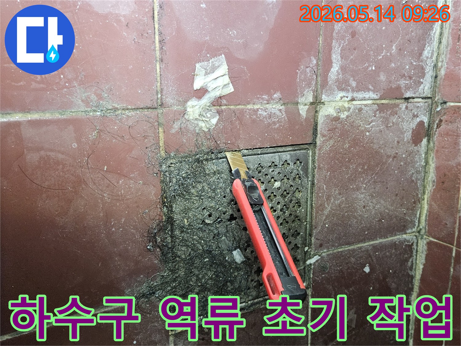 오래된 욕실 하수구에 엉킨 머리카락과 슬러지를 커터칼로 긁어내며 누수 방지를 위한 초기 작업을 하는 모습