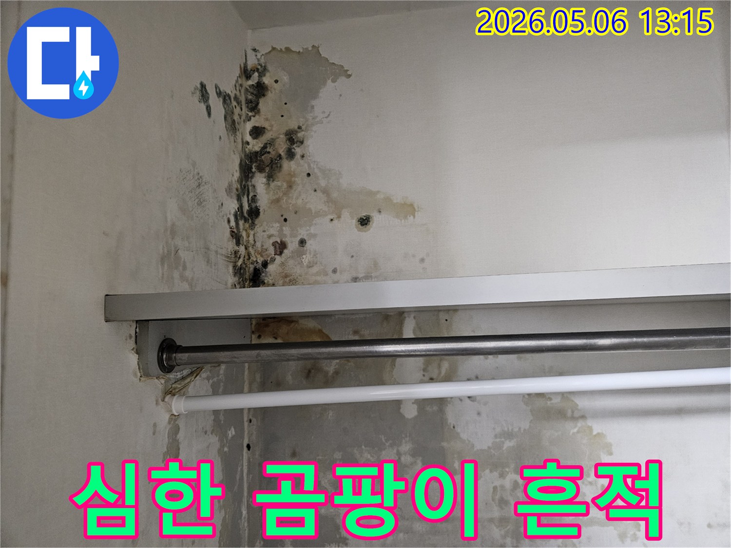 옷장-내부-벽면에서-발견된-누수-흔적과-함께-습기로-인한-곰팡이-발생-현장을-담고-있습니다