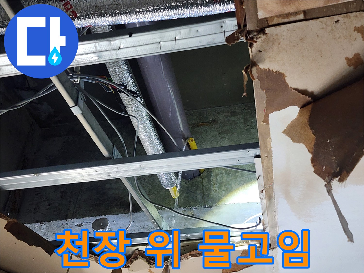 천안-목천읍-삼성5길-인근-누수-현장에서-천장-마감재-위에-물이-고여있는-모습을-확인하며-숨겨진-누수-원인을-찾는-과정