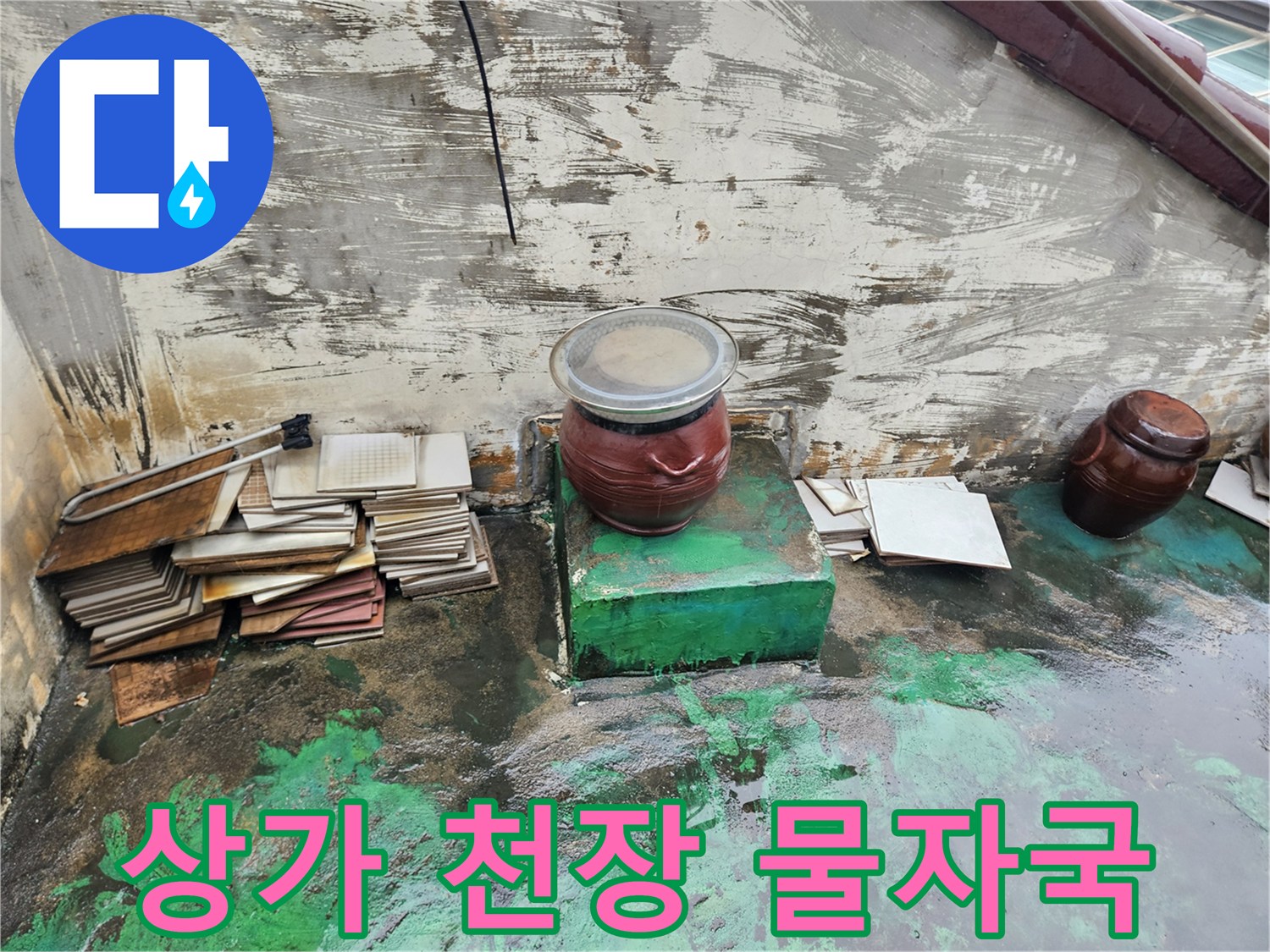 페인트가 벗겨지고 습기가 찬 상가 내부 천장