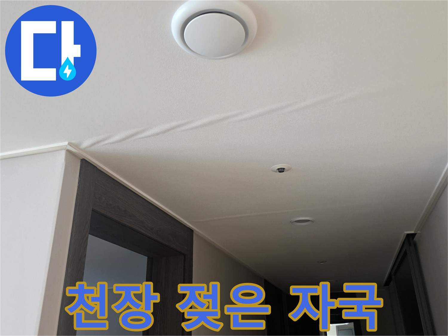 아랫집 거실 천장에 발생한 물 얼룩과 젖은 흔적