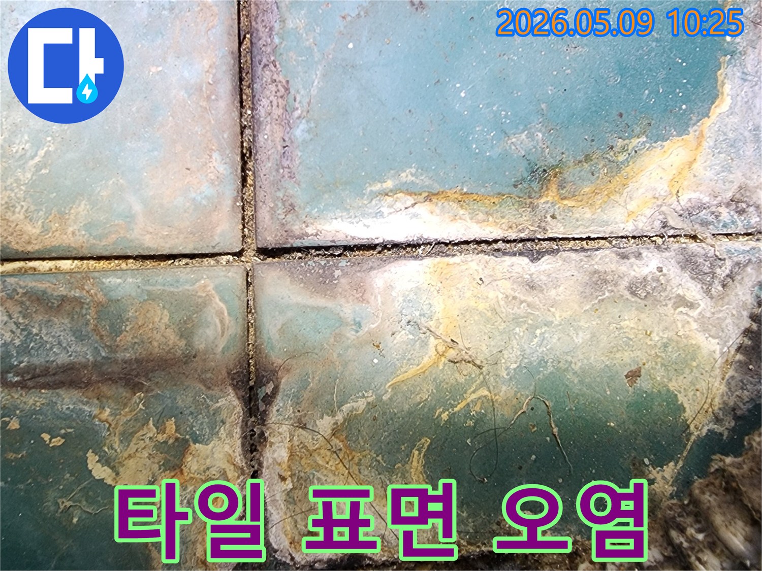 타일 표면에 넓게 퍼진 심각한 얼룩과 오염-누수로 인한 미관 손상과 위생 문제 현장