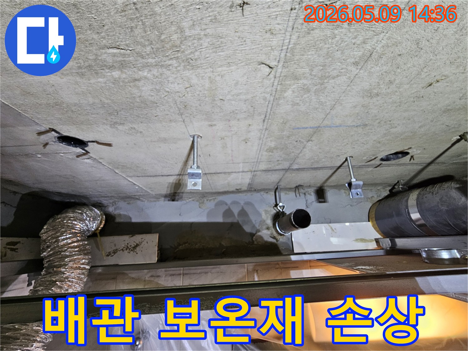 영등포구 아파트 천장에서 발생한 누수와 관련하여-배관 보온재의 손상 여부를-확인하는 모습입니다.