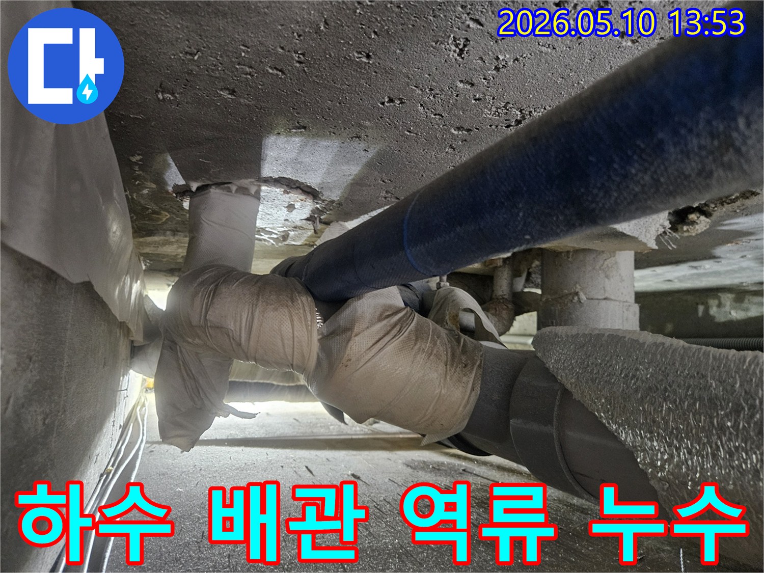 일산동구-아파트에서-하수-배관-역류로-인한-누수가-발생하여-이를-정확히-진단하고-해결하는-엔지니어의-작업-현장