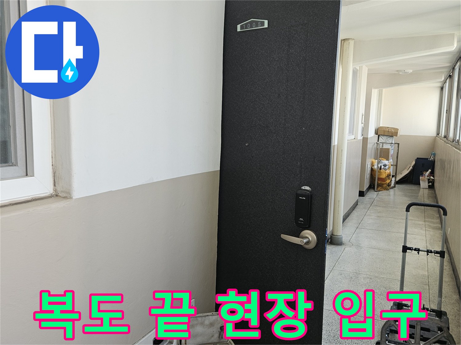 현장 내부로 진입하기 전 촬영한 아파트 복도와 출입문 사진입니다.