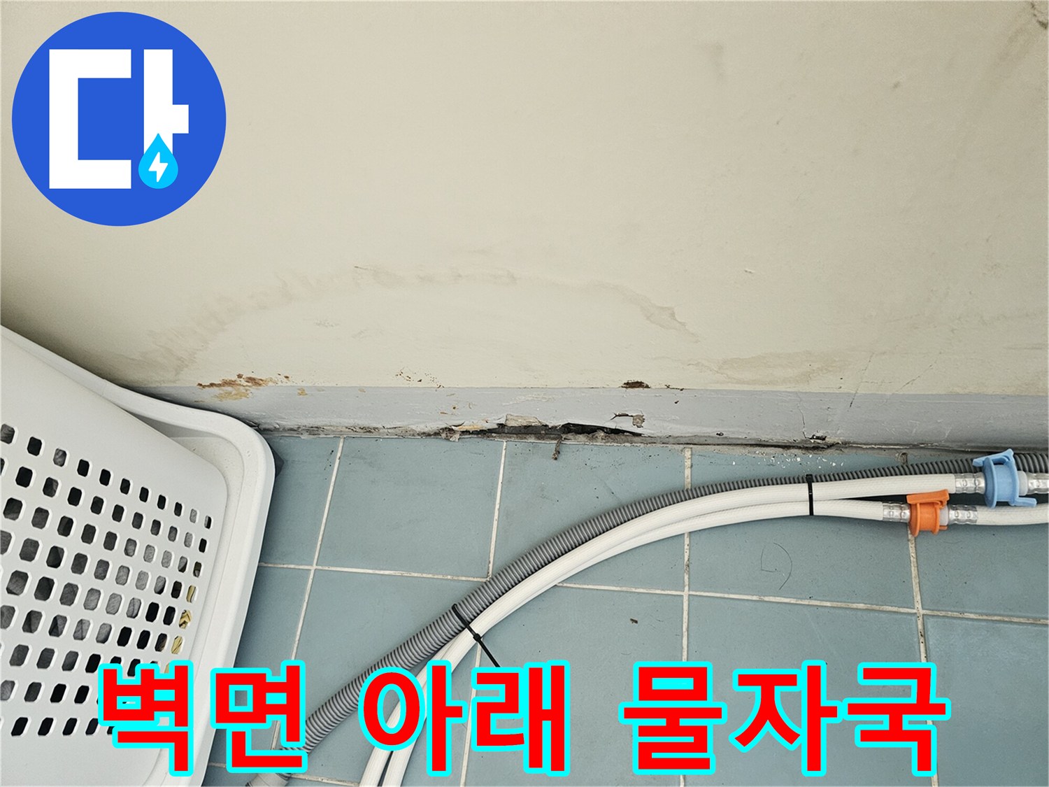 세탁실 벽면 하부-누수로 인한 습기 및 얼룩 발생