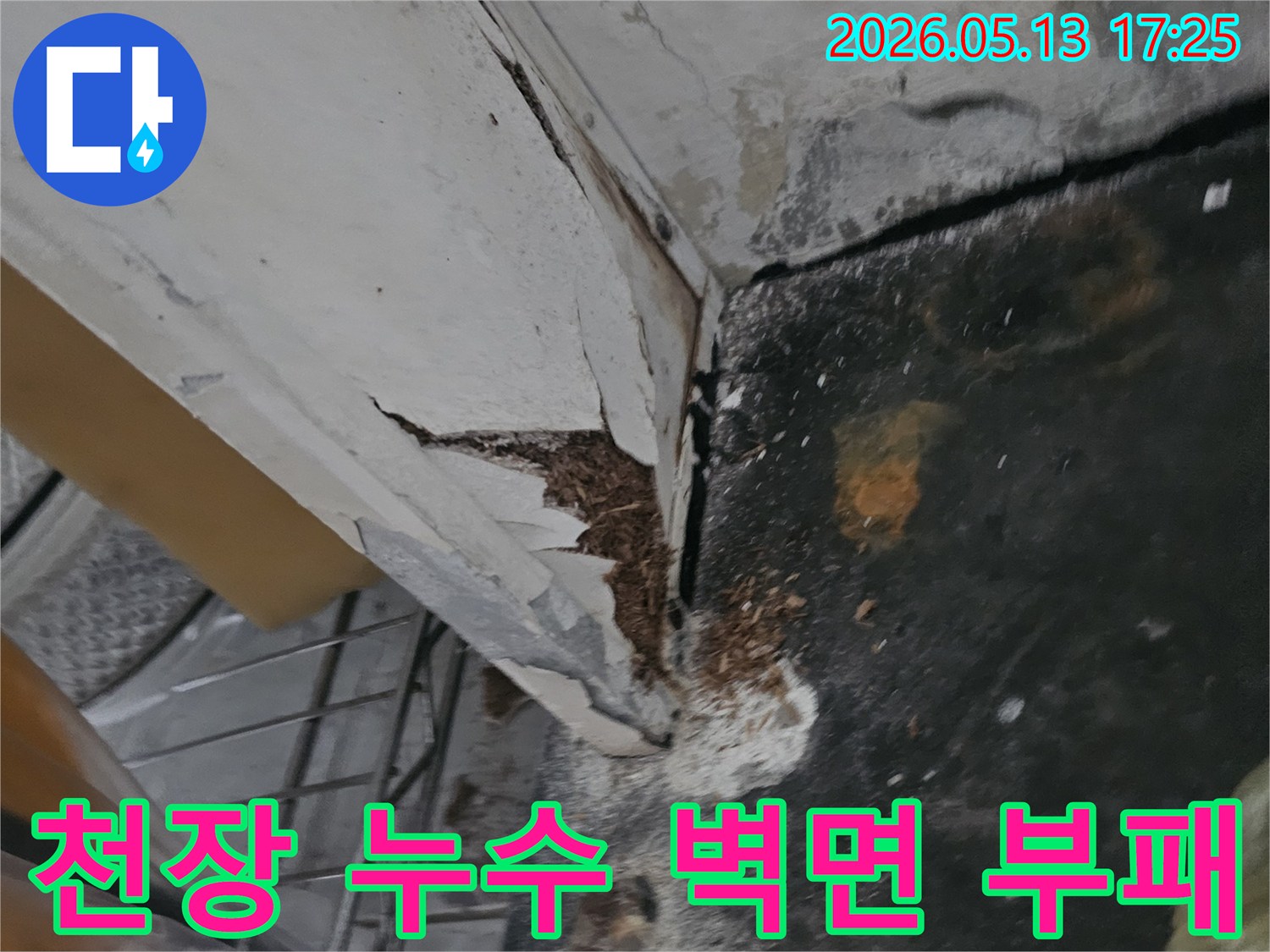 천장 누수로 인해 벽면 페인트가 벗겨지고-부패 및 곰팡이가 발생한 심각한 현장입니다-꼼꼼한 누수 점검과 작업이 필요합니다