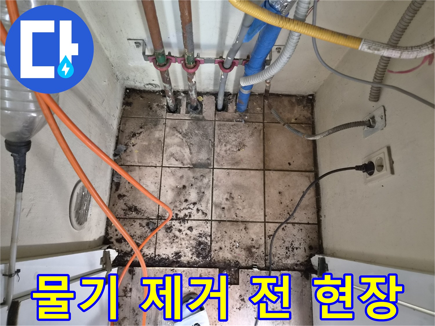 누수로 인해 물기가 많고-오염된 배관 주변의-하남 아파트 누수 현장