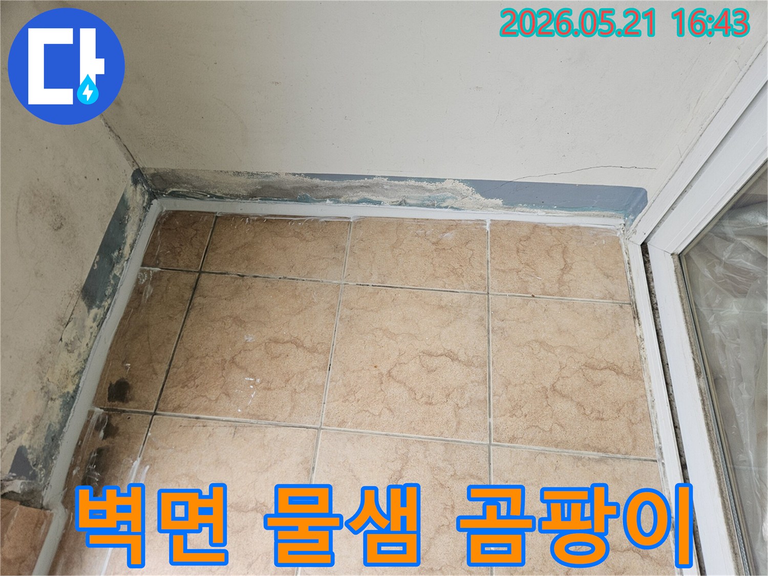 누수로 인해 벽지가 들뜨고 곰팡이가 피어난 주거 공간의 한 구석