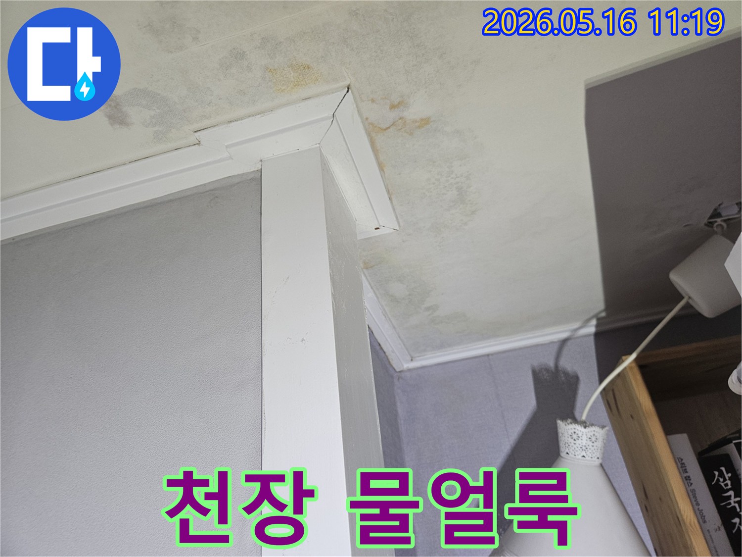 오래된-아파트-천장에서-물샘으로-인해-얼룩과-곰팡이가-번진-현장을-촬영한-이미지입니다.