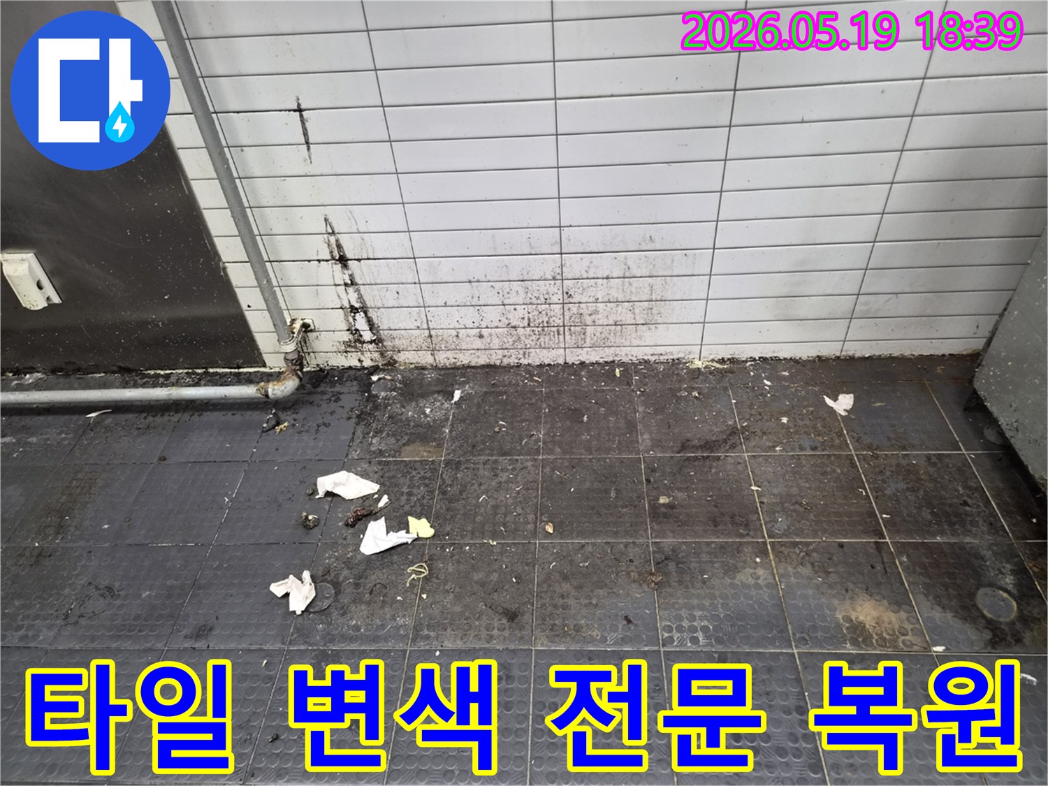 누수로 인해 벽면 타일이 변색되고-바닥에 곰팡이가 발생하여 위생 문제가 심각한 현장으로 전문 복원이 필요한 상태