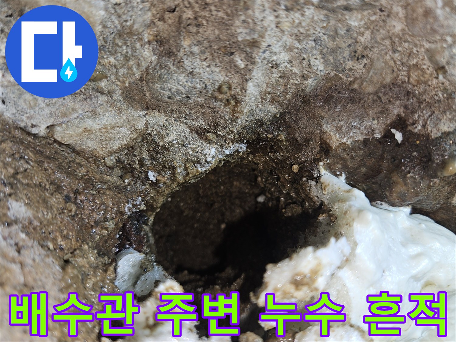 화장실 하수 배관 연결 부위의 젖은 콘크리트와 백화 현상