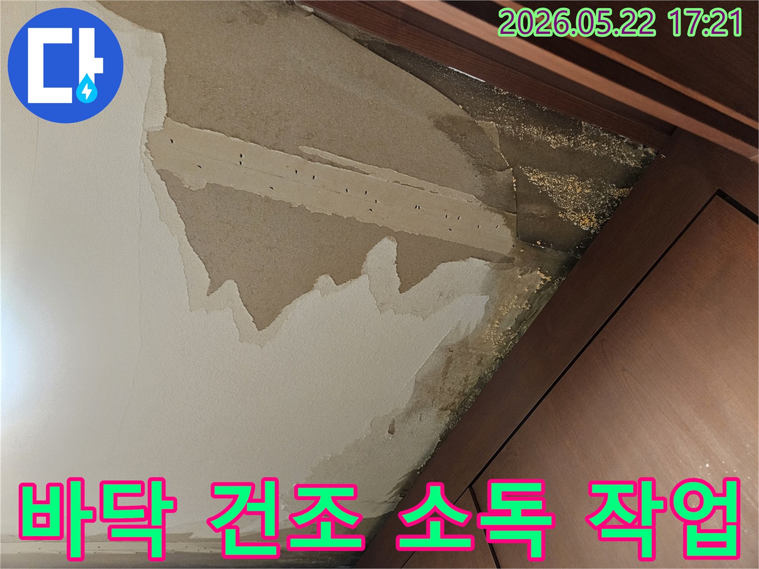 누수 탐지 후 바닥에 남아있는 습기를 제거하고-곰팡이 및 세균 번식을 막기 위한-건조 및 소독 작업이 필요한 현장입니다.