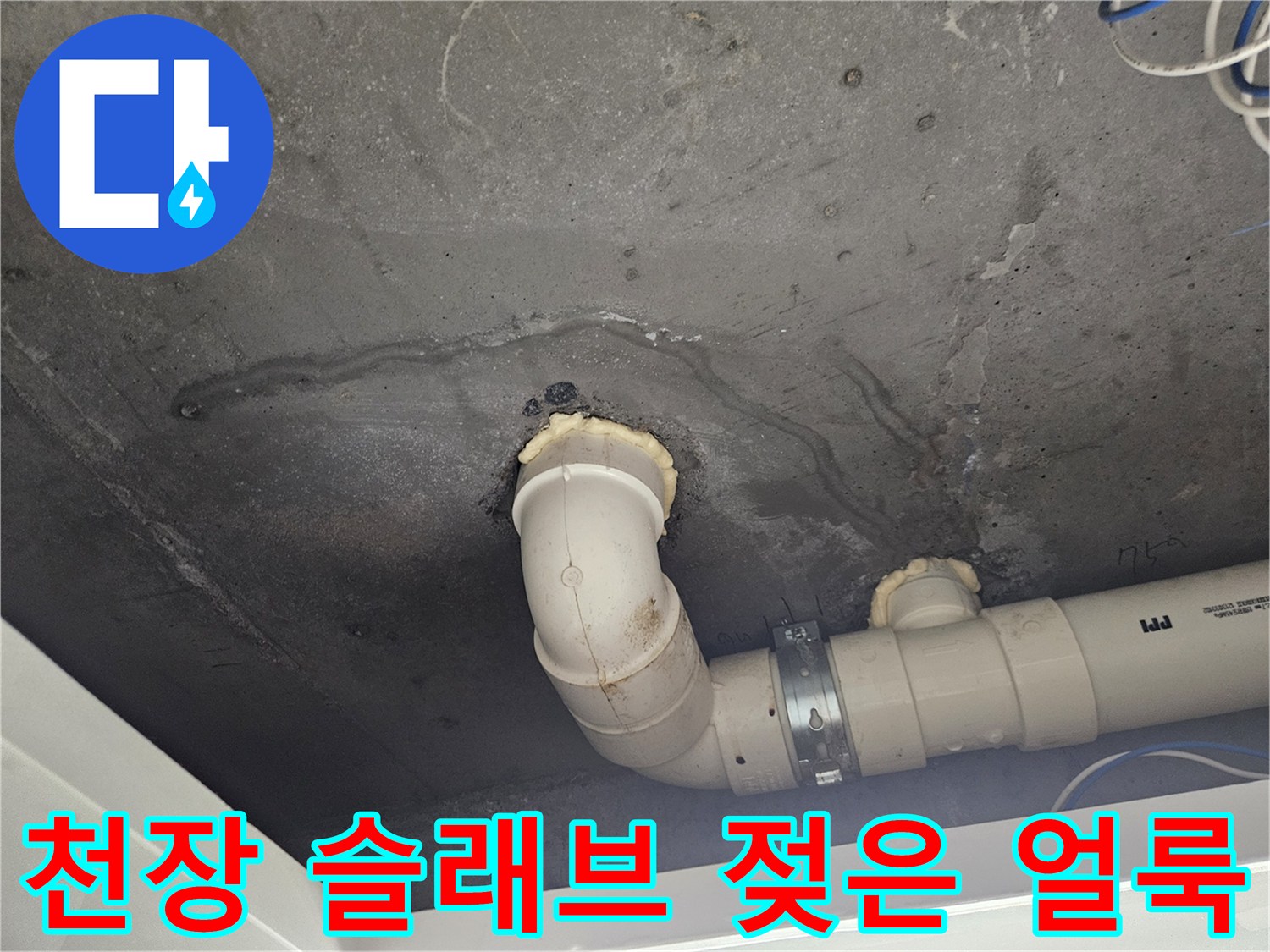 콘크리트 천장-배수관 주변에 나타난 누수 흔적과 젖은 부위