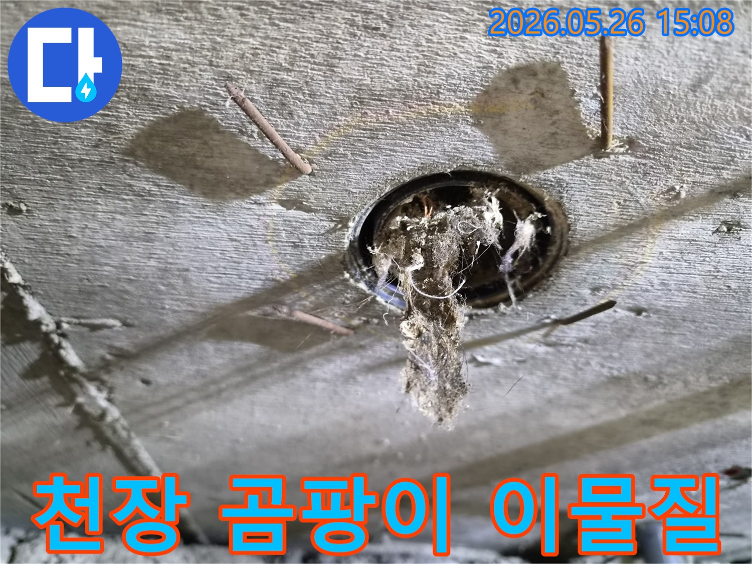 콘크리트 천장 구멍에서-곰팡이와-오염된 이물질이-떨어지는-누수-현장의-심각한-상황을-보여주는-사진