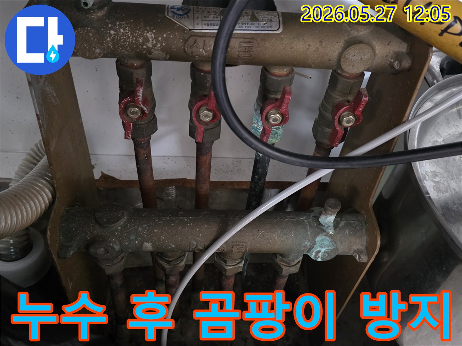 오래된 아파트의 보일러 분배기에서-발생한 누수 후-곰팡이 발생을 방지하기 위해-전문가가 현장을 점검하고 있습니다