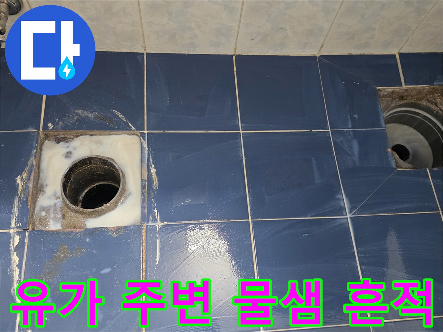 화장실 배수구 유가 부근의 젖은 타일과 오염된 상태 사진