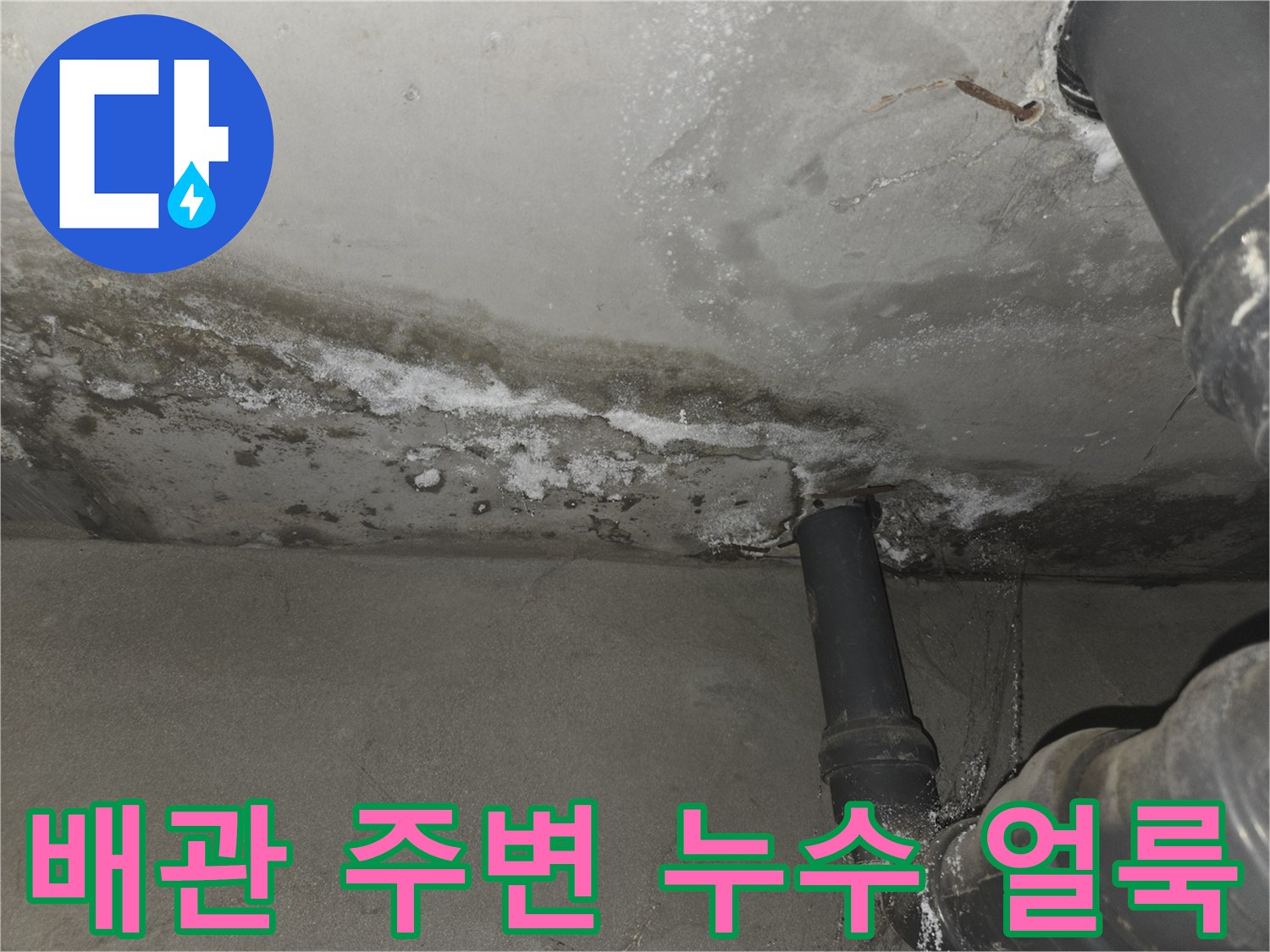 하수관 연결 부위-천장 마감재에 나타난 젖은 자국과 석회 침착물