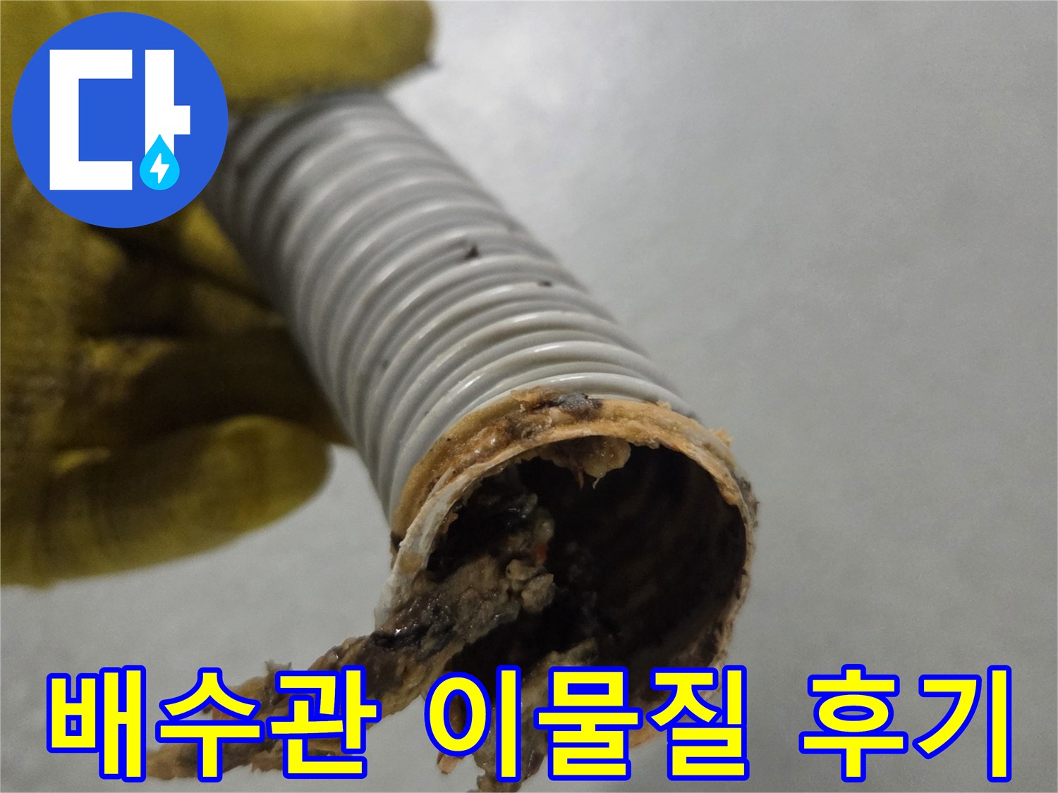 노란색 장갑을 낀 손이-배관 내부에서 제거된-심각한 이물질을 보여주는 모습입니다.