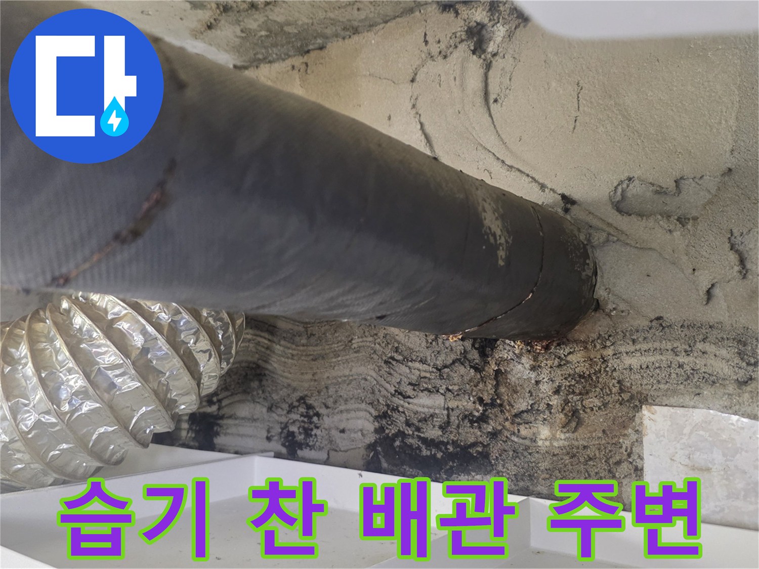 배관 보온재와 젖어 있는 천장 콘크리트 면의 상세 모습