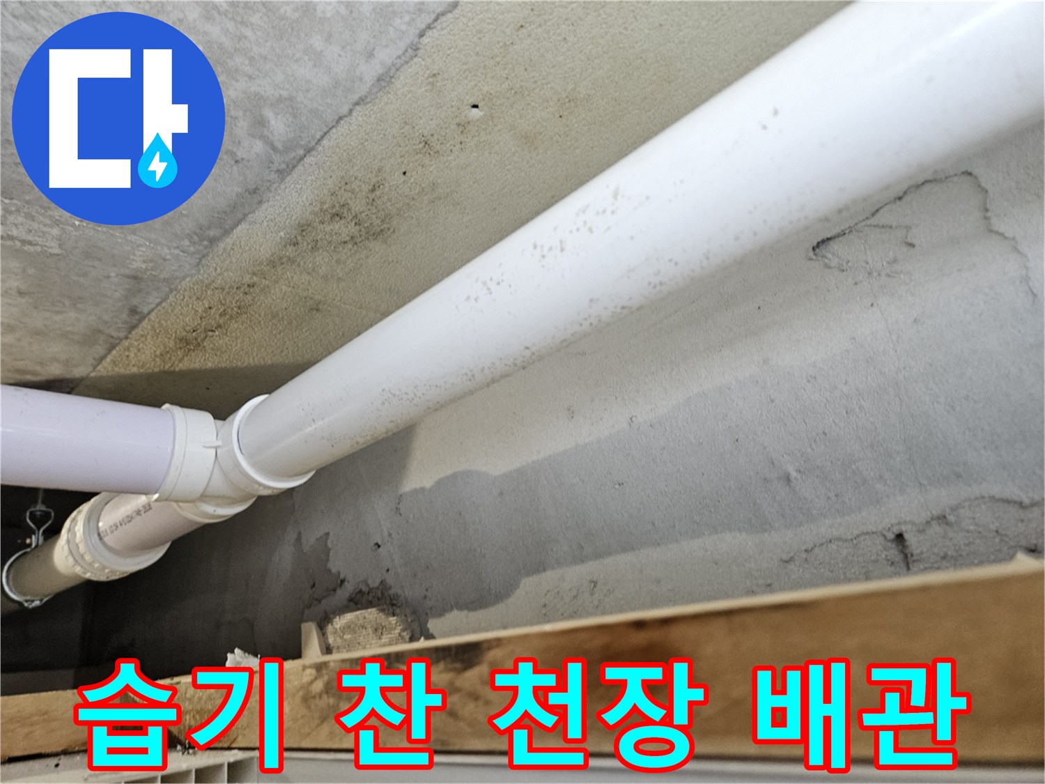 물자국이 선명한 천장 슬래브와 하수 배관