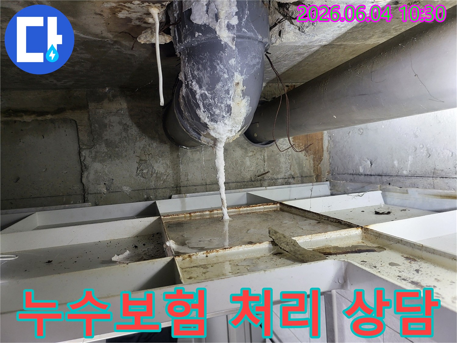 천장 배관에서 물이 새어 나와-석회질이 고드름처럼 맺히고-아래 바닥에 물이 고인 누수 현장