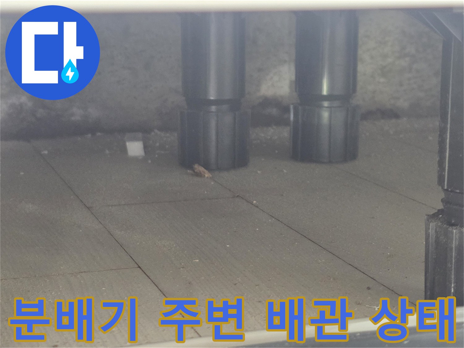 주방 싱크대 밑 분배기와 연결된 검은색 배관들의 모습