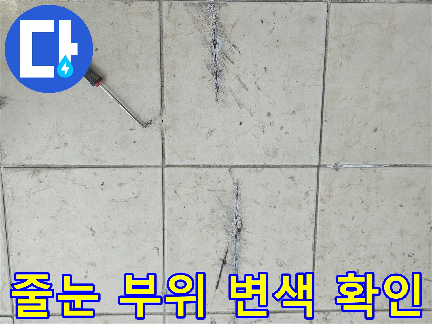 양주 작업 현장 - 타일 줄눈의 검은 변색과 습기 침투 흔적