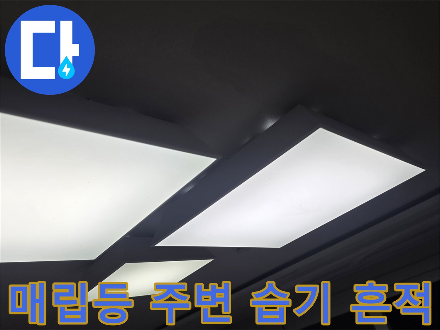 천장 조명 테두리 부근의 누수 변색 부위