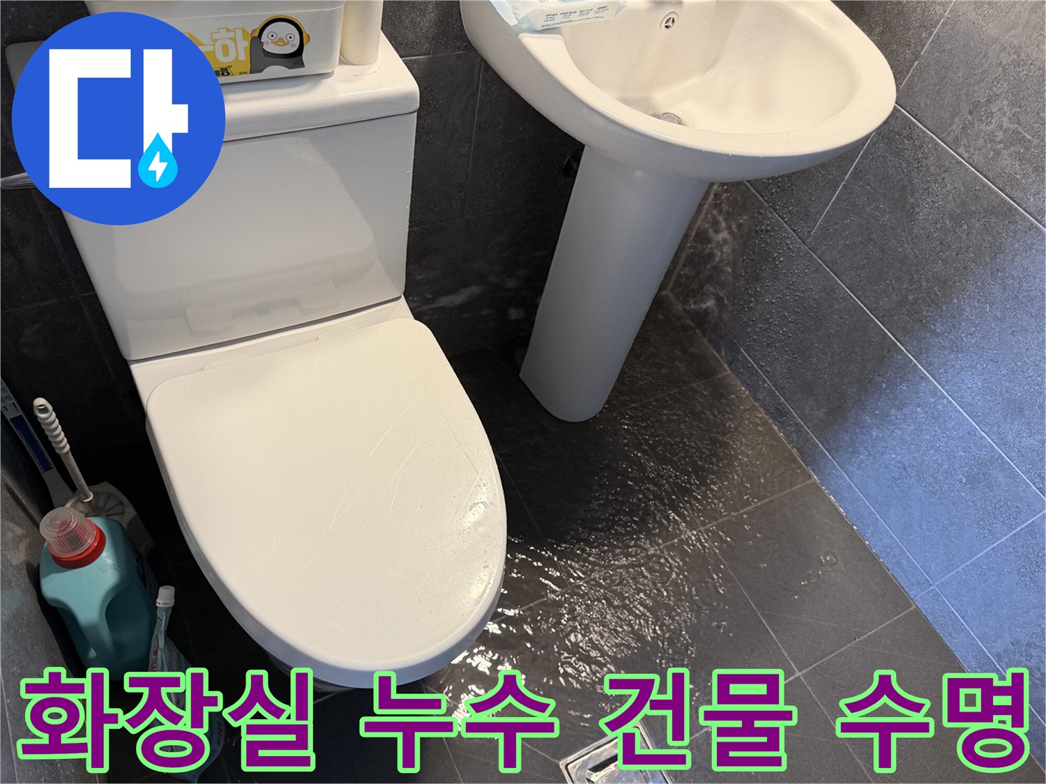 화장실-바닥에-고인-물을-통해-누수-문제를-보여주며-건물-수명-연장을-위한-해결의-중요성을-강조하는-사진
