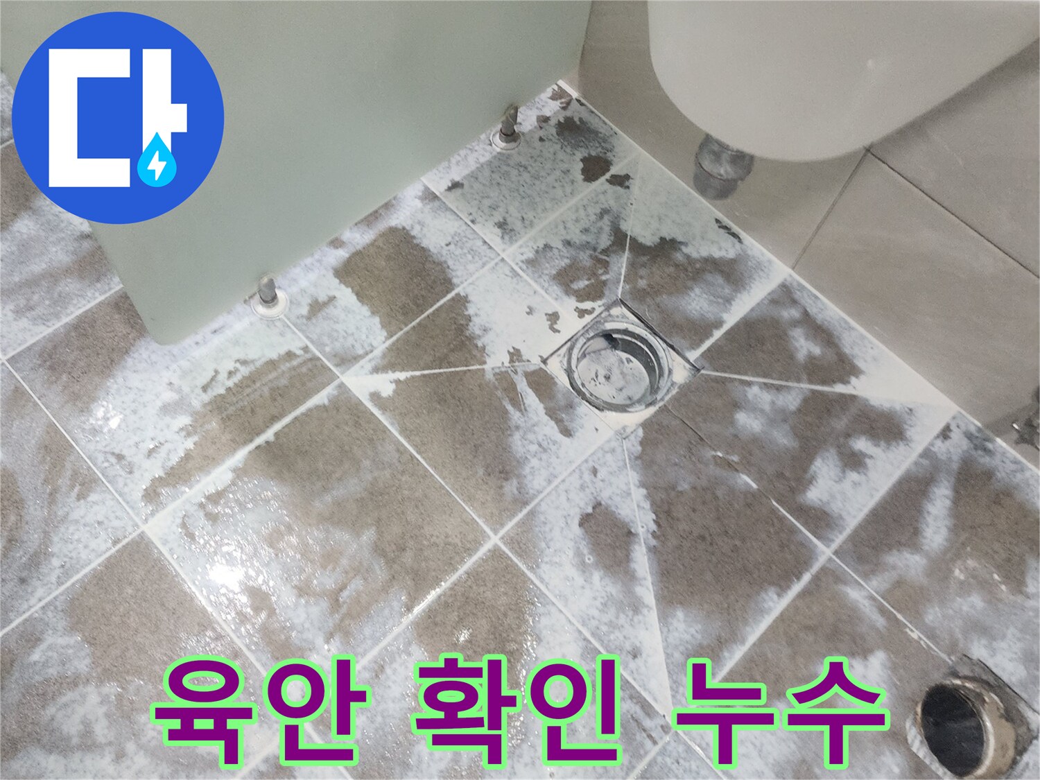 경기 고양시-욕실 바닥 타일-배수구 주변에 나타난-하얀 물자국과 변색으로-육안으로 확인된-누수 문제점을 보여주는 사진