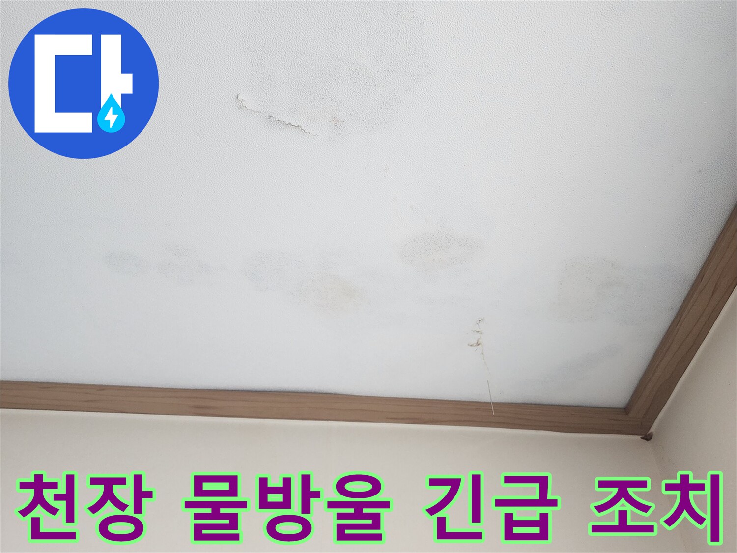 아랫집 천장에서 물방울이 떨어지는 심각한 누수 현상-벽지 손상과 함께 물기가 흥건한 모습으로-즉각적인 누수 탐지와 긴급 조치가 필요한 상황입니다.
