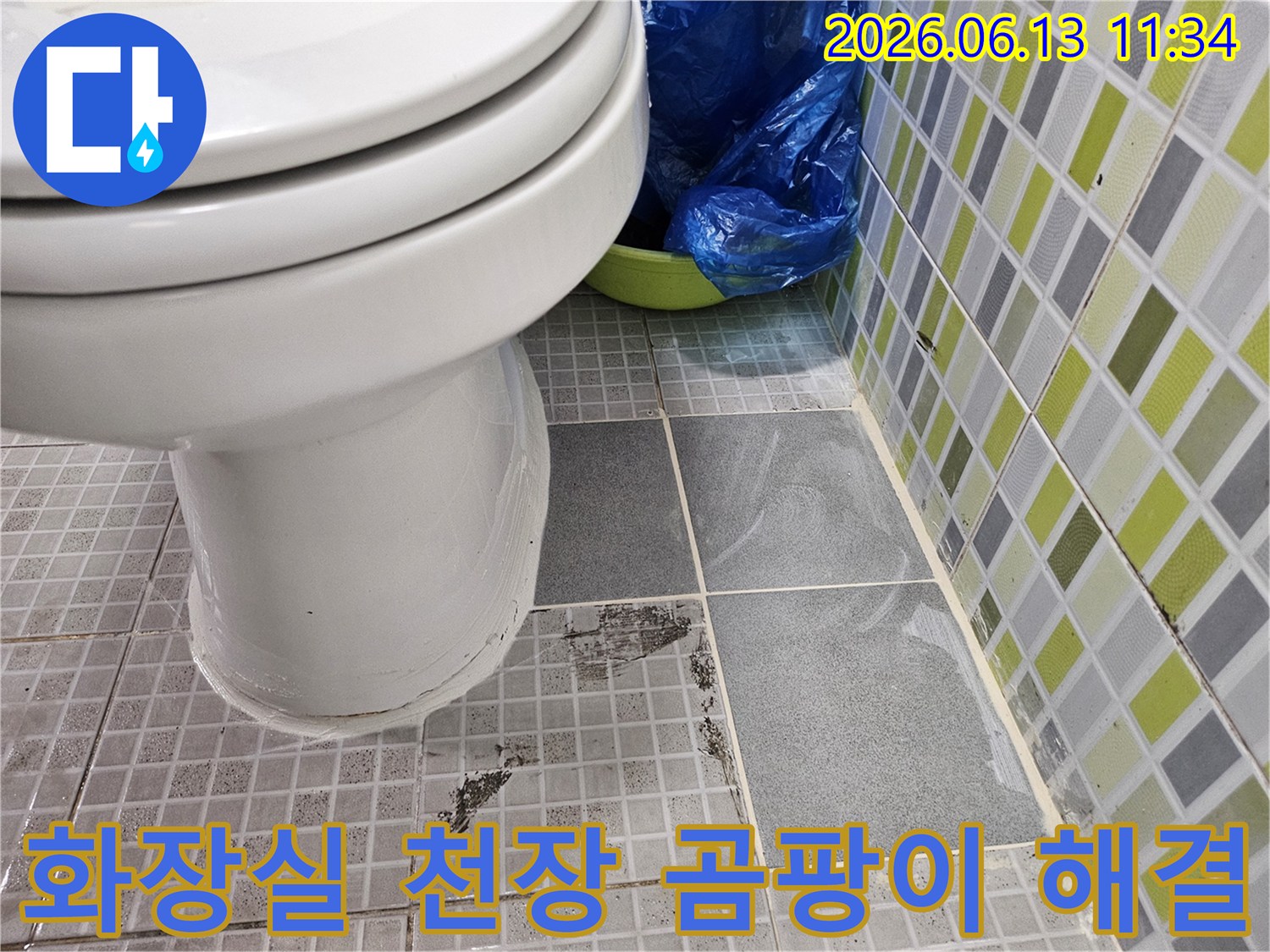 빌라 화장실 천장 타일에 물이 새어-곰팡이가 심하게 번진-누수 현장 사진