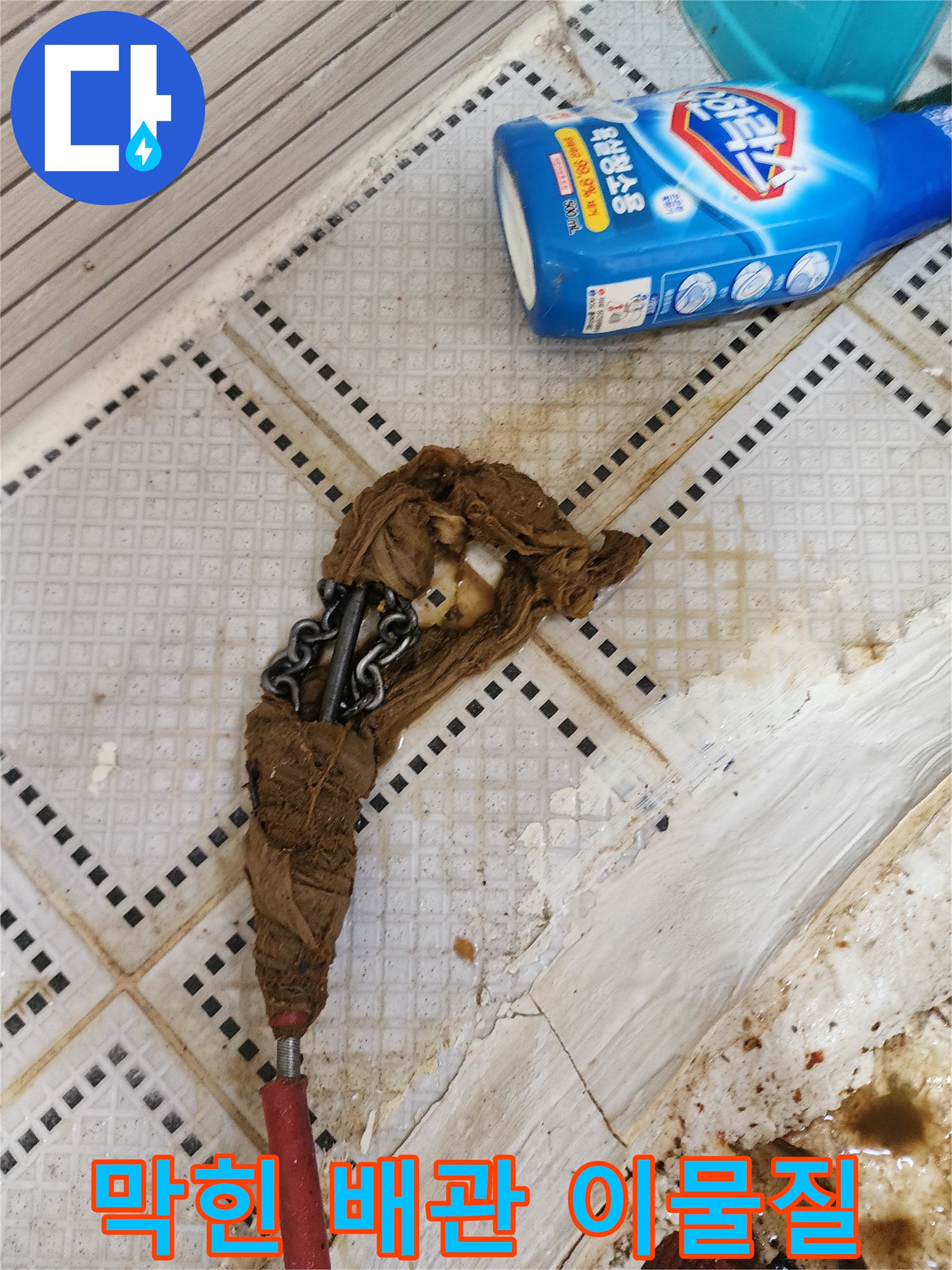 배수구 내부에서 끌어올린 머리카락과 슬러지 뭉치