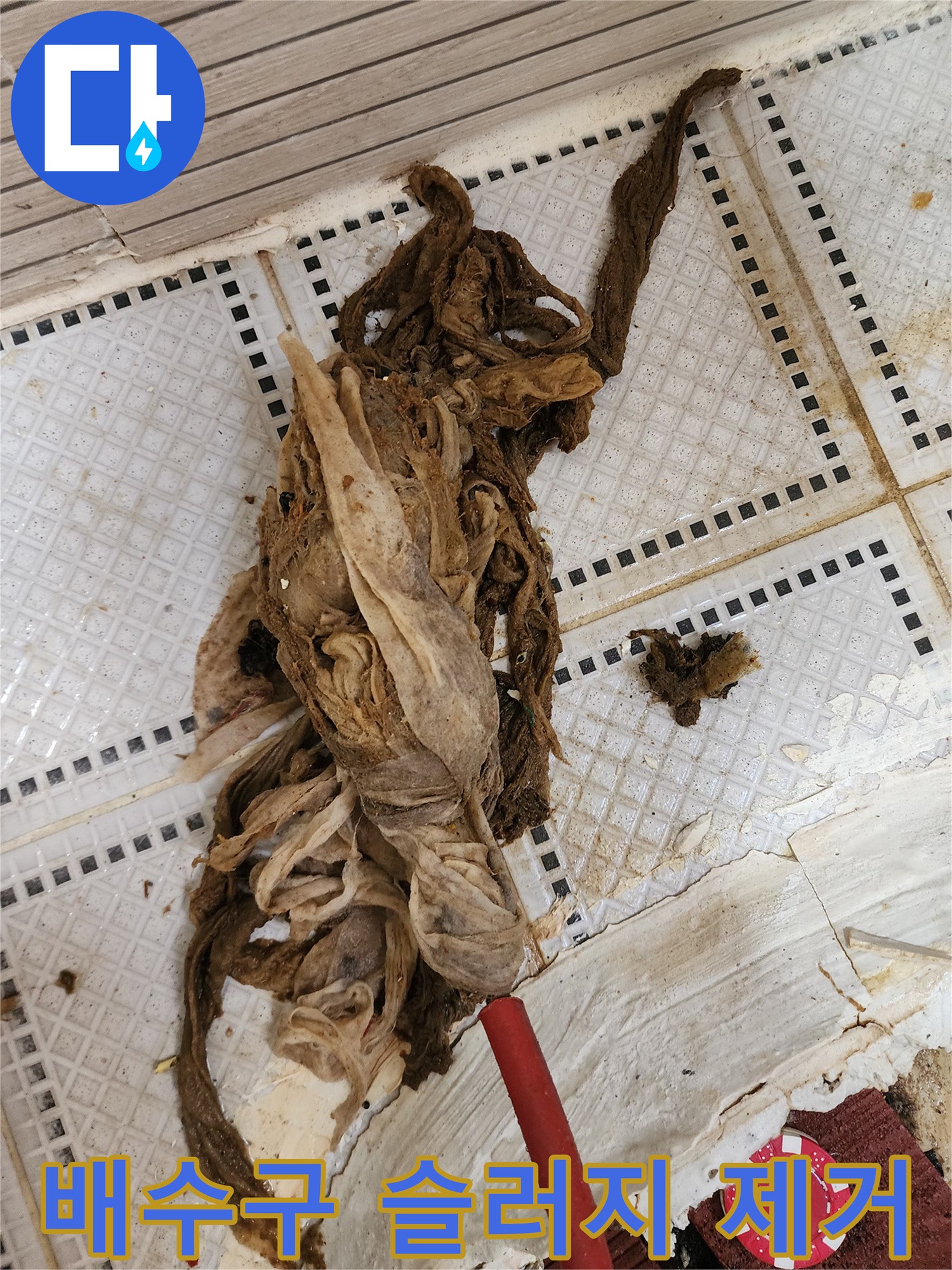 하수구 배관 내부에서 뽑아낸 엉겨 붙은 섬유 및 머리카락 오염물