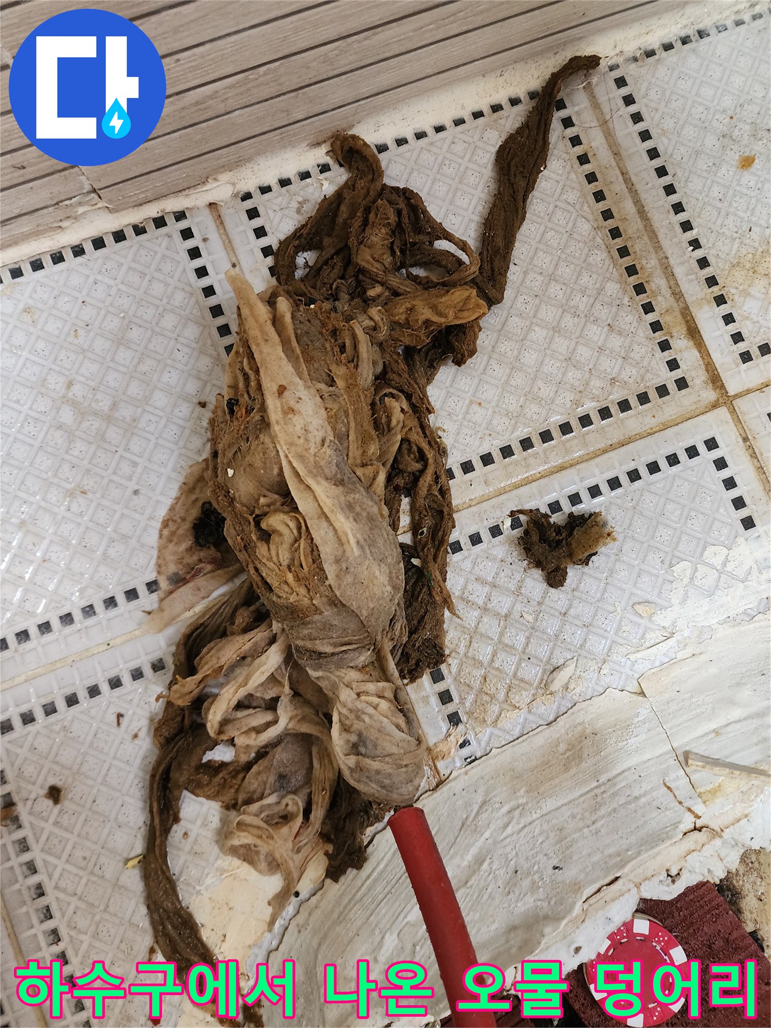 하수구 배관 내부에서 제거된 머리카락과 기름때 섞인 슬러지 뭉치