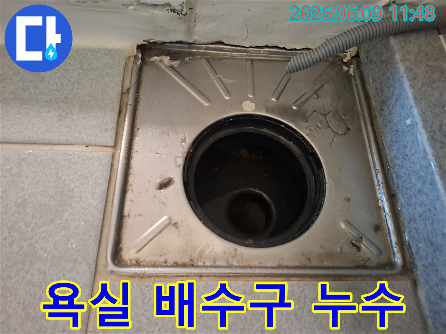 누수-전문가가-배수구-주변의-복합적인-문제점을-진단하는-현장-사진입니다.