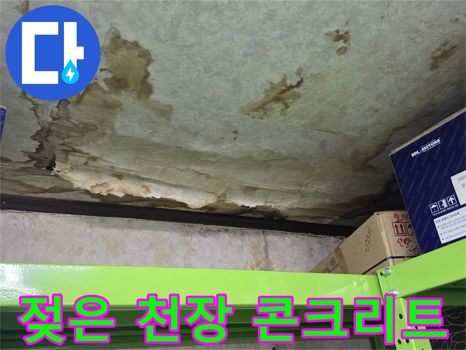 습기를 머금어 어둡게 변한 지하 창고의 천장 부위