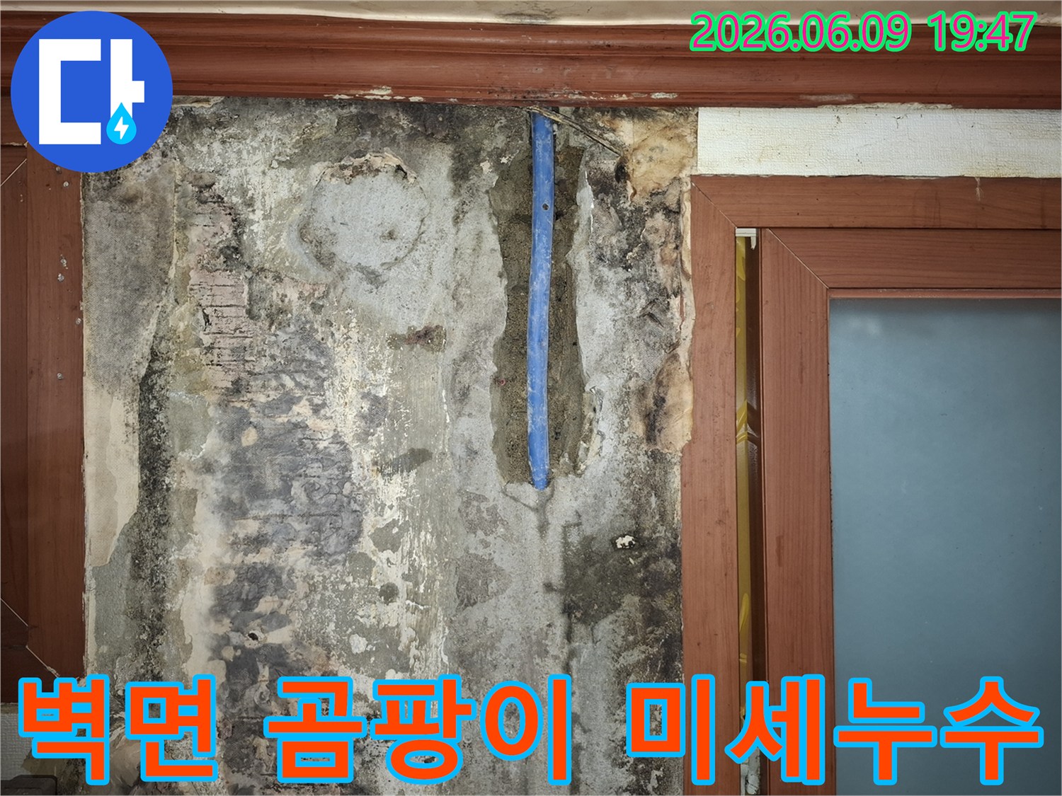 벽면-곰팡이-발생과-노출된-배관을-통해-미세누수-원인을-탐지하는-현장-사진