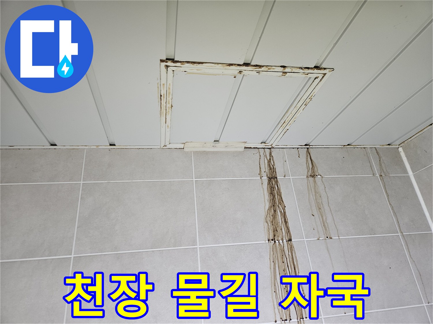 천장 점검구 주변의 젖은 흔적과 타일 벽면을 타고 흐른 누수 자국