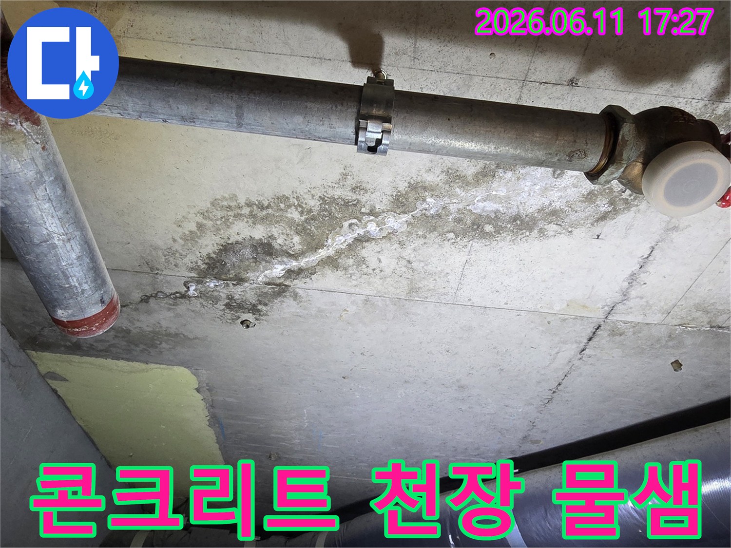 콘크리트-천장에서-발생한-누수로-인해-물자국과-백화가-선명하게-보이는-현장-사진입니다