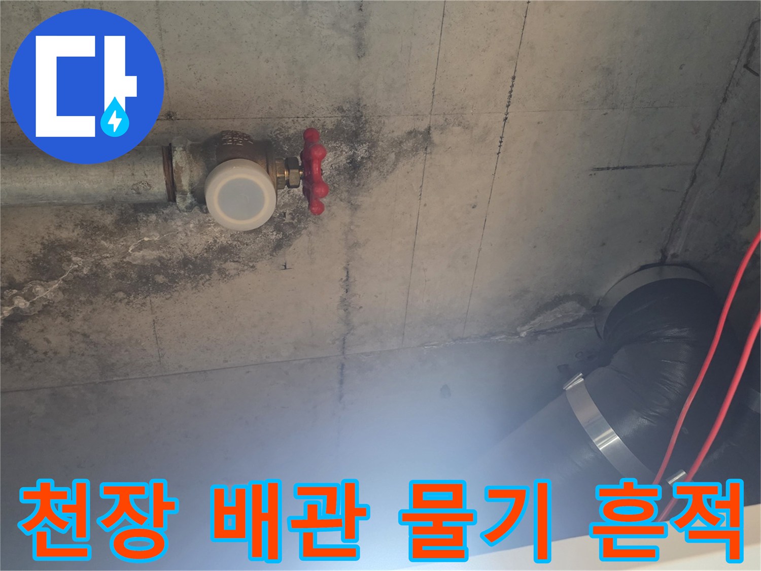 화장실 천장 내부의 밸브 배관과 젖어 있는 콘크리트 벽면입니다.