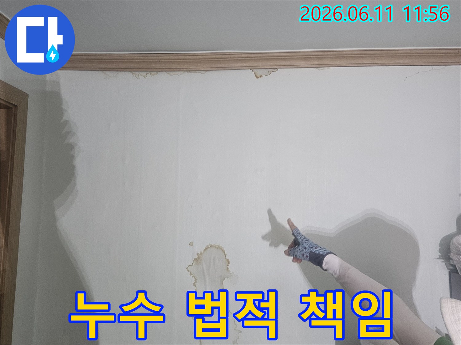 천장-누수-얼룩을-가리키며-윗집-누수로-인한-법적-책임-문제를-설명하는-전문가