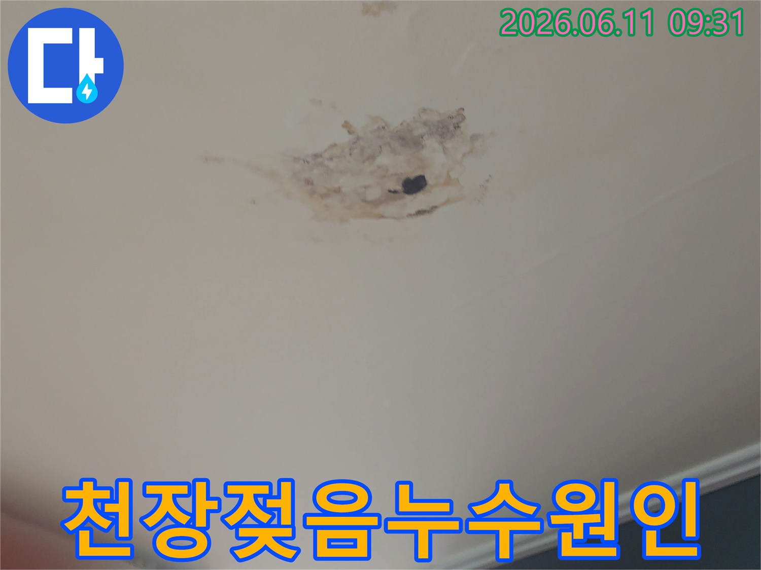 천장-중앙이-물에-젖어-변색되고-손상된-누수-현장-사진