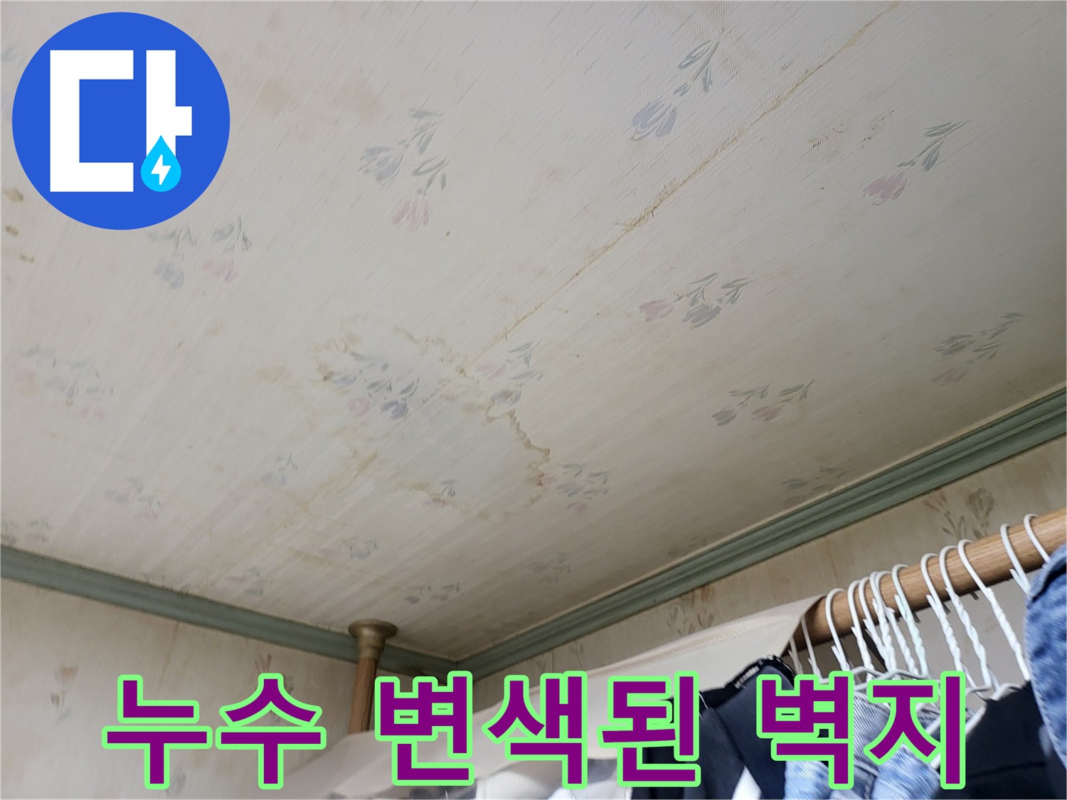 천장에 발생한 누수 흔적과 누런 얼룩 부위