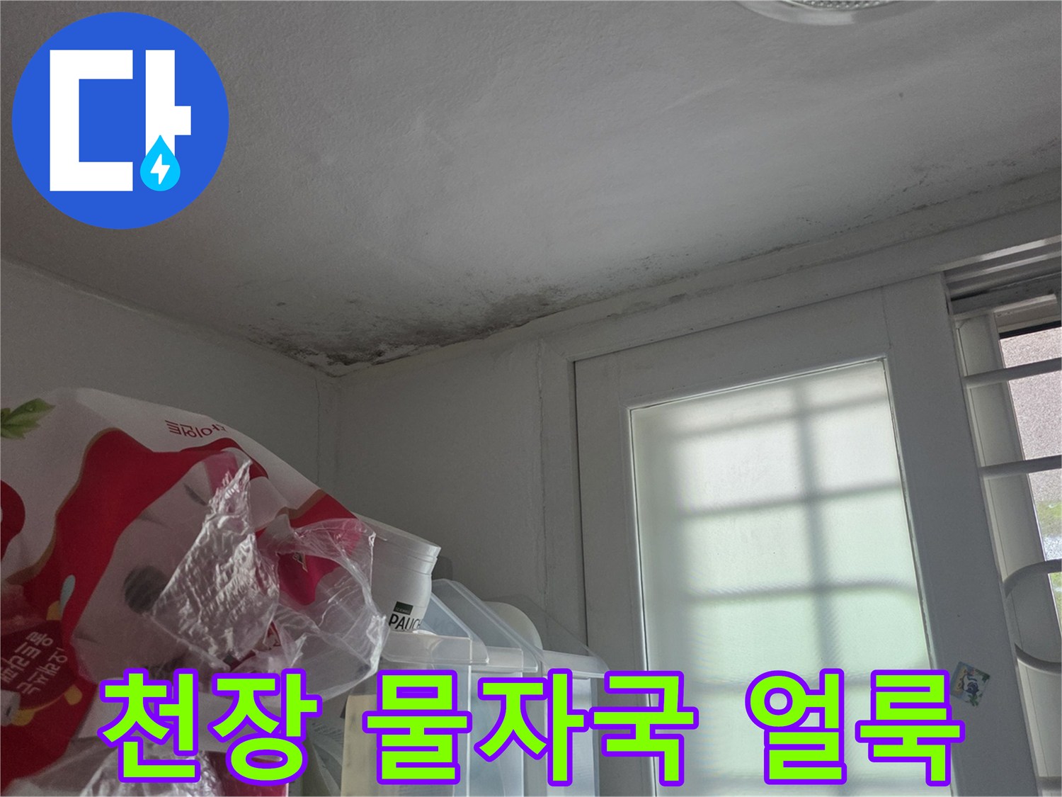 아파트 천장 벽면의 누수 흔적과 곰팡이 발생 부위