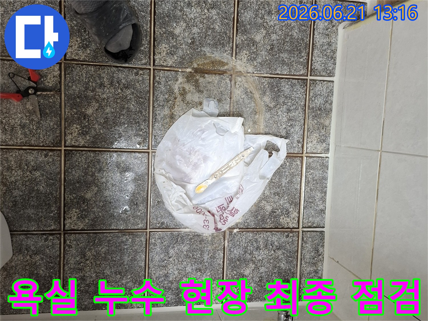 군포-금정동-주공아파트-욕실-바닥-타일-사이에-물이-고여있거나-젖어있는-상태를-보여주는-누수-현장-사진